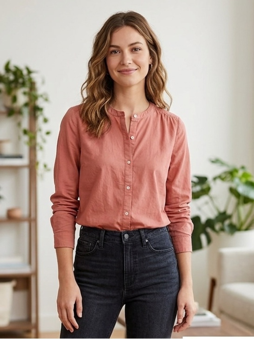 Women’s LOFT no collar button down shirt, long sleeve, peach pink, size medium